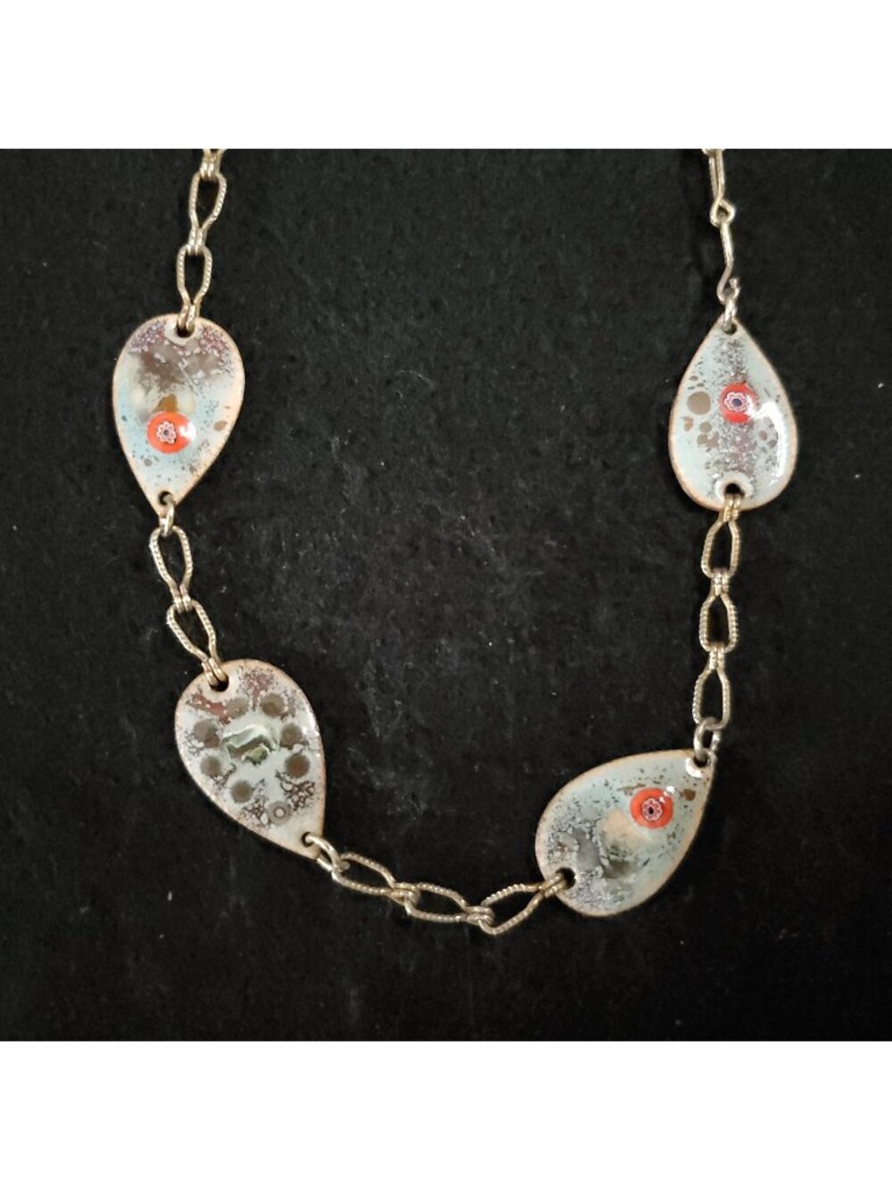 Vintage Enamel Necklace Blue Red Gold Tone Station Artisan 18.5"